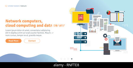 Les ordinateurs en réseau, cloud computing et de serveur de données. Ordinateur portable ordinateurs et accès aux fichiers du serveur en réseau. Modèle en version plate pour les bandeaux web ou Banque D'Images