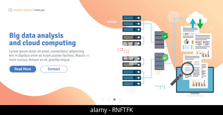 L'analyse des Big Data et le cloud computing. Pour accéder aux données de l'ordinateur portable ordinateurs cloud. Réseau de données et de business intelligence. Bannière web design plat pour Banque D'Images