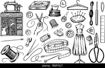 Ensemble d'outils de couture et des éléments ou matériaux pour la couture. L'équipement à la main. Atelier de couture pour les insignes des étiquettes. Fil et aiguille, mannequin Illustration de Vecteur