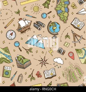 Symboles géographie profil transparente. Équipements pour l'arrière-plan des bannières web. Vintage contours esquisse pour bannières web. Doodle style. Concept de l'éducation Illustration de Vecteur