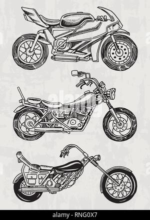 Jeu de motos anciennes. Collection de bicyclettes. Extreme Biker Transport. Retro ancien style. Gravé à la main dessin monochrome. Illustration de Vecteur