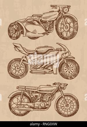 Jeu de motos anciennes. Collection de bicyclettes. Extreme Biker Transport. Retro ancien style. Gravé à la main dessin monochrome. Illustration de Vecteur