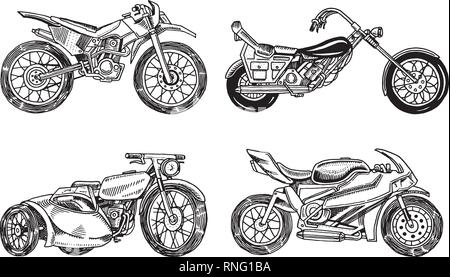 Jeu de motos anciennes. Collection de bicyclettes. Extreme Biker Transport. Retro ancien style. Gravé à la main dessin monochrome. Illustration de Vecteur