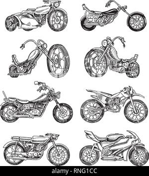 Jeu de motos anciennes. Collection de bicyclettes. Extreme Biker Transport. Retro ancien style. Gravé à la main dessin monochrome. Illustration de Vecteur