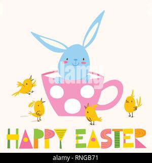 Carte de pâques printemps vecteur avec lapin et poussins Illustration de Vecteur