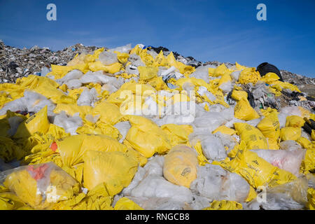 Jeter des sacs en plastique jaune et blanc rempli d'amiante fibres à un chantier de recyclage Banque D'Images
