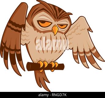 Cartoon Vector illustration d'une Chouette rayée sur une perche avec ses ailes déployées. Illustration de Vecteur