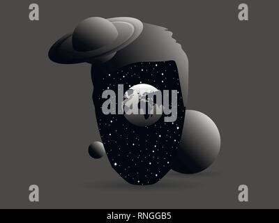 Le surréalisme, l'espace dans la tête, les étoiles et les planètes, Saturne. L'infini de la conscience. Vector illustration Illustration de Vecteur