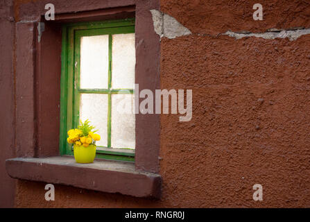 Fleurs de Printemps jaune dans un vase vert sur le rebord de la fenêtre d'une vieille maison. Banque D'Images