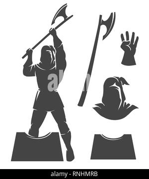 Le bourreau Silhouettte emblème sur un fond blanc. Ax, bloc, gant et Punisher Hood. Vector illustration Illustration de Vecteur