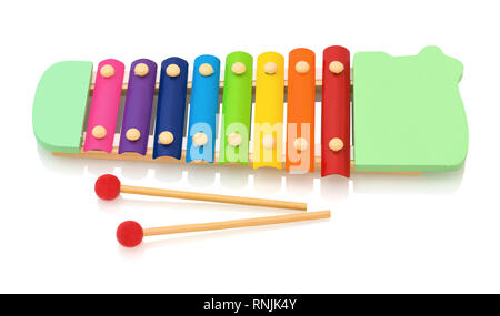 De couleur arc-en-ciel xylophone jouet en bois isolé sur fond blanc avec ombre de réflexion. Jouet en bois coloré métallophone isolated on a white background Banque D'Images