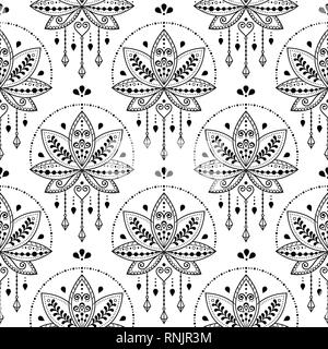 Fleur de Lotus indien motif transparent vecteur Mehndi, tatouage au henné traditionnel, le yoga ou le zen décoration, textile bohème en noir sur blanc. Belle lotus Illustration de Vecteur