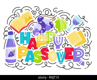 Carte de vœux de la Pâque (juive de Pessah). Texte en hébreu : happy Passover. Vector illustration style Doodle. Isolé sur fond blanc. Illustration de Vecteur