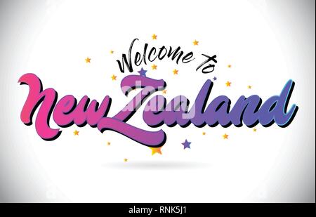 NewZealand Bienvenue dans Word avec texte et police manuscrite rose pourpre étoiles jaune vecteur de conception de forme Illusration. Illustration de Vecteur