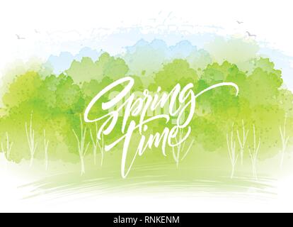 Paysage à l'aquarelle avec fond printemps lettrage. Vector illustration Illustration de Vecteur