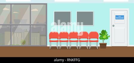 Salle d'attente pour les patients au cabinet dentaire. Grande fenêtre et vue sur la ville. Vector illustration. Illustration de Vecteur