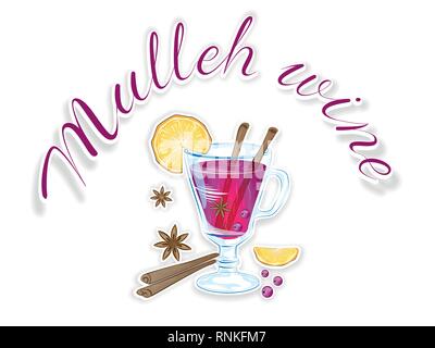 Vin chaud avec tranche d'orange et le bâton de cannelle Illustration de Vecteur