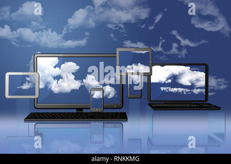 Ordinateur, Ordinateur avec en arrière-plan et sur l'écran le ciel bleu. 3D illustration. Banque D'Images