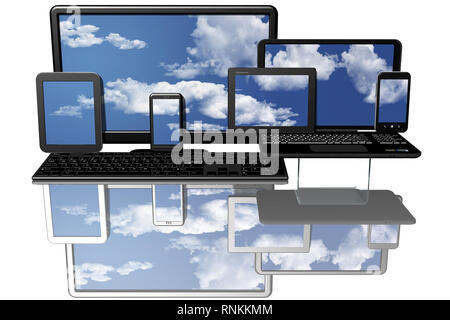 Ordinateur, Ordinateur avec en arrière-plan et sur l'écran le ciel bleu. 3D illustration. Banque D'Images