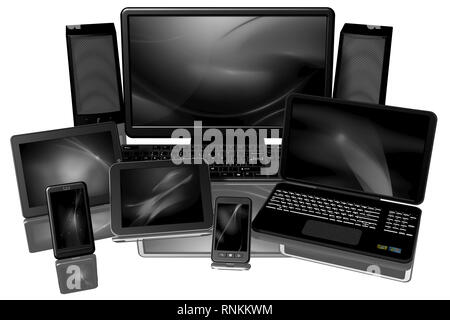 Matériel informatique : ordinateurs, portables, smartphones, tablettes.3D illustration. Banque D'Images