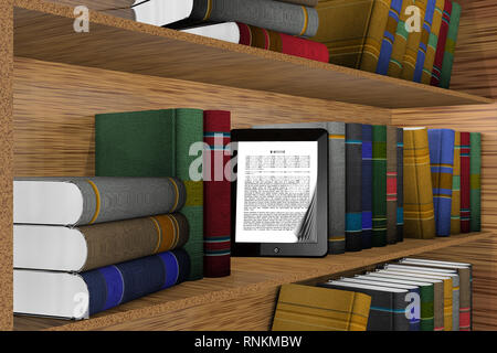 3D illustration. L'étagère bibliothèque avec tablette, ebook Banque D'Images