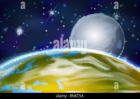 Avis sur planète Terre et de la lune à partir de l'orbite sur fond de l'espace lointain avec des étoiles et des constellations Illustration de Vecteur