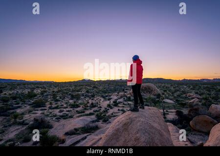 Jeune femme debout sur les rochers de granit, au coucher du soleil, des formations rocheuses, réservoir Blanc Camping, Joshua Tree National Park Banque D'Images