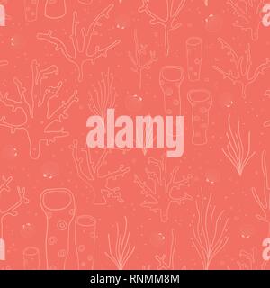 Vecteur de fond transparente des récifs coralliens. Modèle avec sous-marin de coraux, algues, plantes, éponge, palourdes, coques. Hand drawn doodle marine subtile toile de fond. Pour le tissu, papier, numérique, décoration web beach Illustration de Vecteur