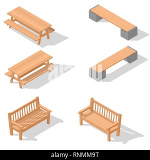 Des bancs en bois et une table. Télévision isométriques. Un lieu pour se reposer, se détendre et pique-nique. L'élément du parc ou de l'oliveraie. L'endroit pour rencontrer des amis. Illustration de Vecteur