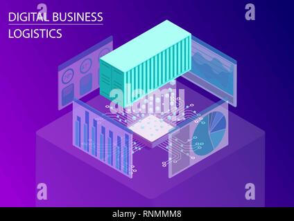 Concept logistique d'affaires numérique. Vector illustration 3D isométrique avec des contenants d'expédition pour le commerce mondial et d'analyse décisionnelle Illustration de Vecteur