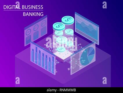 L'entreprise numérique concept services bancaires et financiers. Vector illustration 3D isométrique avec dollar flottant coins et le flux de données Illustration de Vecteur