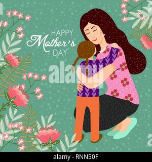 8 mars. La mère et la fille Cute cartoon doodle avec les fleurs et les feuilles. Les modèles vectoriels pour la carte, affiche, flyer et autres utilisateurs Illustration de Vecteur