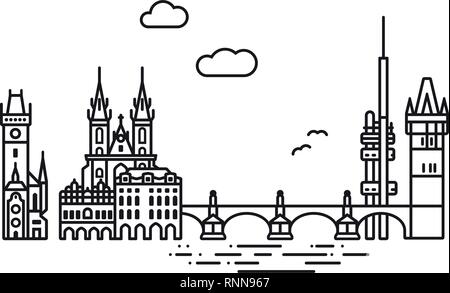 Style d'icône de la ligne Prague cityscape, monuments et télévision vector illustration Illustration de Vecteur