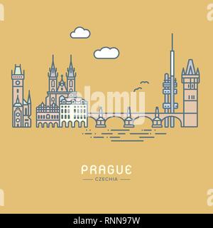 L'icône de la ligne de couleur pastel Prague cityscape et sites style télévision vector illustration Illustration de Vecteur