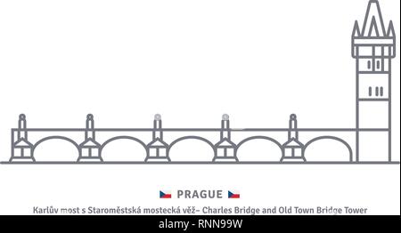 L'icône de la ligne de repère de Tchéquie. Le pont Charles avec tour du pont de la vieille ville et du pavillon tchèque illustration vectorielle. Illustration de Vecteur