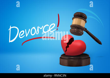 Le rendu 3D de brown wooden gavel briser cœur rouge sur le bloc en bois ronde en deux parties avec 'DIVORCE' signe sur fond bleu. Art numérique Feelin Banque D'Images