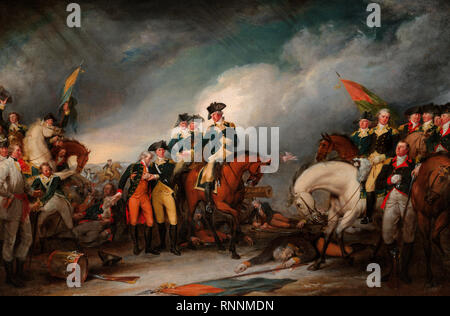 La capture de l'Hessiens à Trenton, le 26 décembre 1776 célèbre la victoire importante par le Général George Washington à la bataille de Trenton. Au centre du tableau, Washington est axée sur les besoins de l'Hesse mortellement blessé Le Colonel Johann rall. Sur la gauche, l'gravement blessé le Lieutenant James Monroe est aidé par le Dr John RIker. Sur la droite est le général Nathanael Greene à cheval. Antoine Jean Banque D'Images