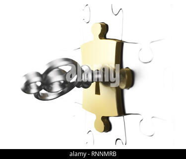 Pièce de puzzle d'or avec clé d'argent, close-up, isolé sur blanc, rendu 3D. Banque D'Images