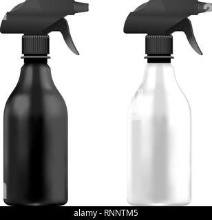 Nettoyant pour pistolet pulvérisateur bouteille en plastique blanc et noir avec tête noire. Jeu de bouteille isolé sur fond blanc. Illustration de Vecteur