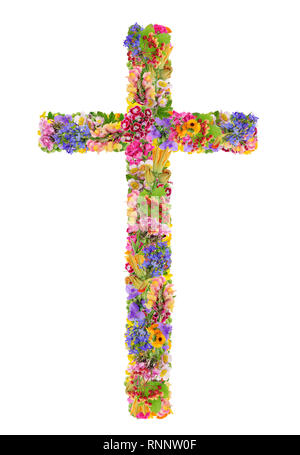 Croix de Jésus Pâques fabriqués à partir de plantes et fleurs d'été. Fait main isolés à partir de collage de photos macro. Banque D'Images