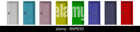 Collection portes multicolores. Ensemble de couleurs diverses portes fermées découpe isolé sur fond blanc. 3d illustration Banque D'Images