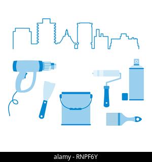 Vector illustration avec paysage urbain et d'outils pour la préparation, la coloration des surfaces. Bâtiment, de la construction et de l'accueil les outils de réparation. Peinture et rep Illustration de Vecteur