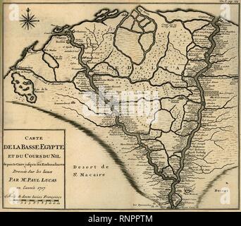 Carte de la Basse Égypte et du cours du Nil de puis le Caire jusqu'à les embouchures dressée sur les lieux par Mr Pau - Paul Lucas - 1720. Banque D'Images