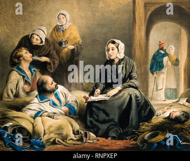 Florence Nightingale (1820-1910) au travail à l'hôpital Therapia, Turquie pendant la guerre de Crimée, lithographie, XIXe siècle Banque D'Images