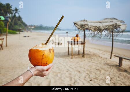 Main de young man holding coconut avec bambou paille. Rafraîchissement sur la plage. Matara, au Sri Lanka Banque D'Images