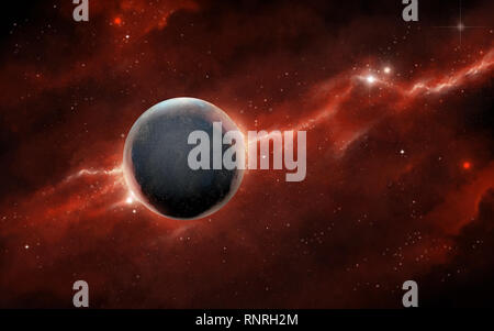 Spacescape avec une planète rocheuse et d'une nébuleuse rouge. Illustration numérique. Banque D'Images