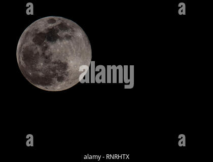 Pleine lune lune capturés au cours de la neige en février 2019 en close up. Planète céleste avec de grands cratères visibles Banque D'Images