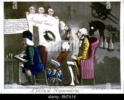 Pitt amplexicaule ses mains dans la terreur à l'assail des visions qui lui. Trois créatures gobelin tenir une feuille inscrit "d'évaluer les impôts n'. Derrière lui pour montrer l'origine de ces apparitions sont le rhum, le brandy et décanteurs port rouge. Dundas, en tant que médecin, est assis avec son dos à l'écriture d'un Pitt prescription. Banque D'Images