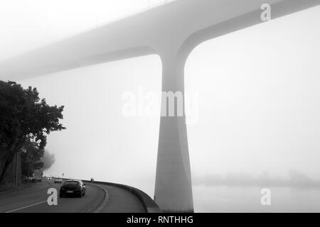 Vue d'ensemble sur l'un des nouveaux ponts au-dessus de la rivière Douro, dans un matin brumeux, Porto, Portugal - noir et blanc Banque D'Images