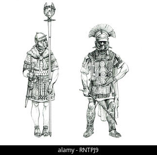 Dessin de l'infanterie romaine. Signifer et Centurion. Les légionnaires. Banque D'Images